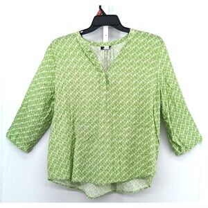 Basic Editions Shirt Women Size XL Green Floral Roll Tab Sleeve Split V Neck Top